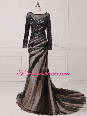 Inexpensive Scoop Long Sleeves Chiffon and Tulle Mother of the Bride Dress Lace and Appliques Brush Train Zipper