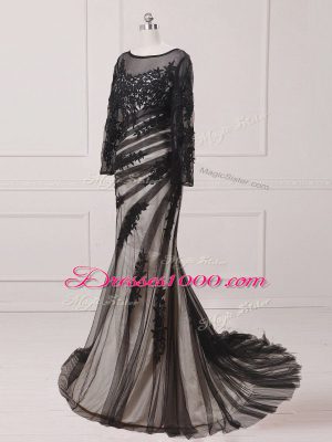 Inexpensive Scoop Long Sleeves Chiffon and Tulle Mother of the Bride Dress Lace and Appliques Brush Train Zipper