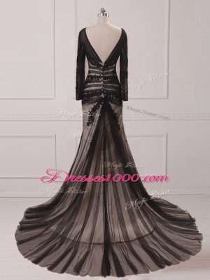 Inexpensive Scoop Long Sleeves Chiffon and Tulle Mother of the Bride Dress Lace and Appliques Brush Train Zipper