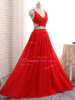 Glittering Beading Red Criss Cross Sleeveless Brush Train