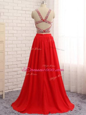 Glittering Beading Red Criss Cross Sleeveless Brush Train