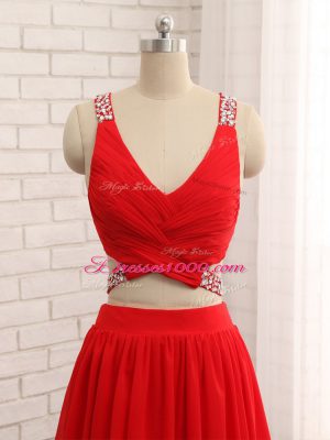 Glittering Beading Red Criss Cross Sleeveless Brush Train