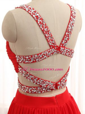 Glittering Beading Red Criss Cross Sleeveless Brush Train