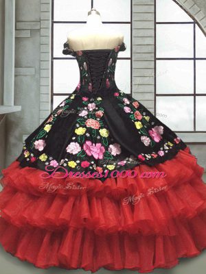 Pretty Ball Gowns Sweet 16 Dresses Red And Black Off The Shoulder Organza and Taffeta Sleeveless Floor Length Lace Up