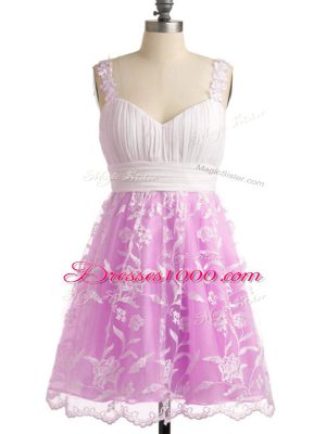Sleeveless Lace Knee Length Lace Up Bridesmaids Dress in Lilac with Lace
