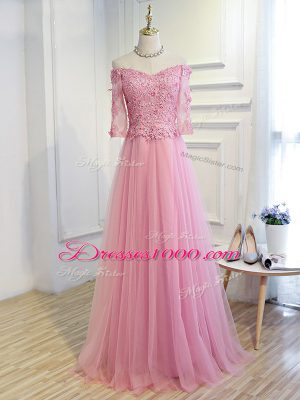 Top Selling Pink Tulle Lace Up Mother of Bride Dresses 3 4 Length Sleeve Floor Length Beading and Lace and Appliques
