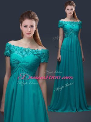 Appliques Mother Dresses Teal Lace Up Short Sleeves Floor Length