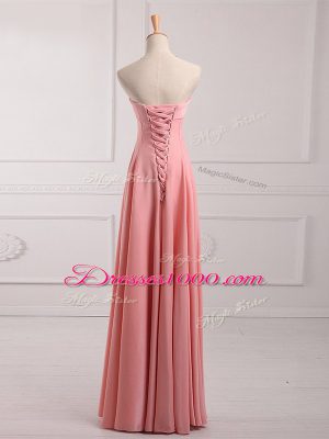 Traditional Strapless Sleeveless Chiffon Court Dresses for Sweet 16 Ruching Lace Up