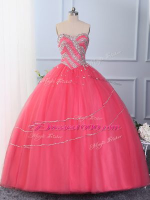 Hot Pink Sleeveless Beading Floor Length Sweet 16 Dresses