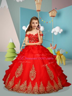 New Style Red Tulle Lace Up Kids Formal Wear Sleeveless Floor Length Appliques and Embroidery