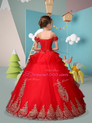 New Style Red Tulle Lace Up Kids Formal Wear Sleeveless Floor Length Appliques and Embroidery