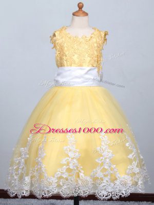 Cheap Yellow Lace Up Scoop Appliques Little Girls Pageant Gowns Tulle Sleeveless