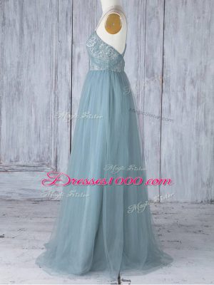 High End Grey Spaghetti Straps Criss Cross Appliques Bridesmaid Dress Sleeveless