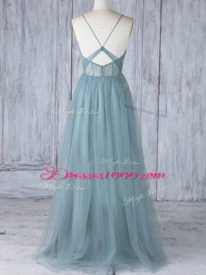 High End Grey Spaghetti Straps Criss Cross Appliques Bridesmaid Dress Sleeveless