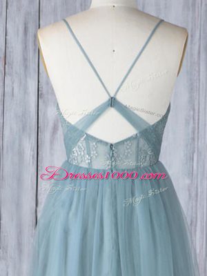 High End Grey Spaghetti Straps Criss Cross Appliques Bridesmaid Dress Sleeveless