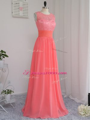 Latest Watermelon Red Chiffon Zipper Scoop Sleeveless Floor Length Damas Dress Lace