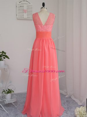 Latest Watermelon Red Chiffon Zipper Scoop Sleeveless Floor Length Damas Dress Lace