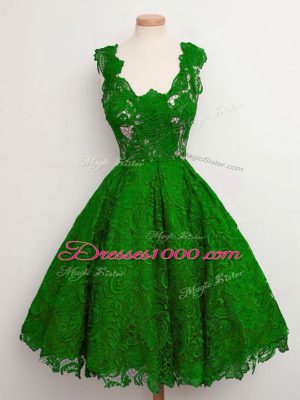 Graceful Straps Sleeveless Bridesmaid Gown Knee Length Lace Green Lace