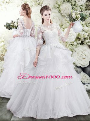 Half Sleeves Brush Train Lace Up Lace and Ruffles Wedding Gowns