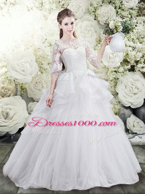 Half Sleeves Brush Train Lace Up Lace and Ruffles Wedding Gowns