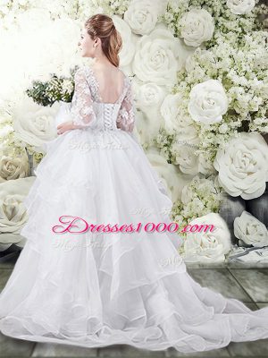 Half Sleeves Brush Train Lace Up Lace and Ruffles Wedding Gowns