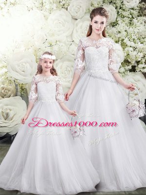 Unique White Half Sleeves Tulle Brush Train Lace Up 15th Birthday Dress for Wedding Party