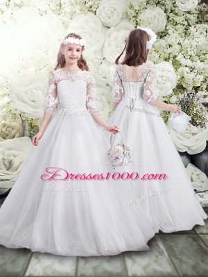 Unique White Half Sleeves Tulle Brush Train Lace Up 15th Birthday Dress for Wedding Party