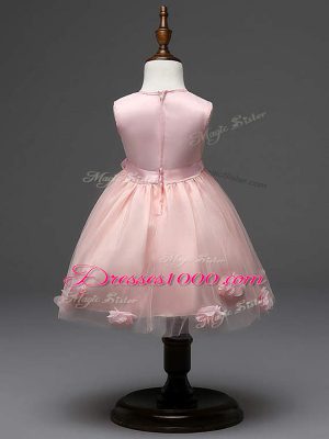 Elegant Pink Ball Gowns Tulle Scoop Sleeveless Hand Made Flower Knee Length Zipper Womens Party Dresses