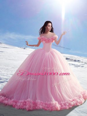 Baby Pink Tulle Lace Up Off The Shoulder Sleeveless Quinceanera Dresses Brush Train Hand Made Flower