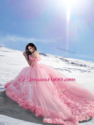 Baby Pink Tulle Lace Up Off The Shoulder Sleeveless Quinceanera Dresses Brush Train Hand Made Flower