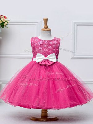 High End Sleeveless Tulle Knee Length Zipper Little Girls Pageant Dress Wholesale in Hot Pink with Lace and Bowknot