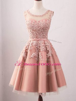 Wonderful Pink Tulle Lace Up Court Dresses for Sweet 16 Sleeveless Knee Length Lace