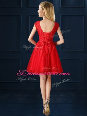 Dramatic Orange Red Lace Up Bateau Lace and Belt Wedding Party Dress Tulle Cap Sleeves