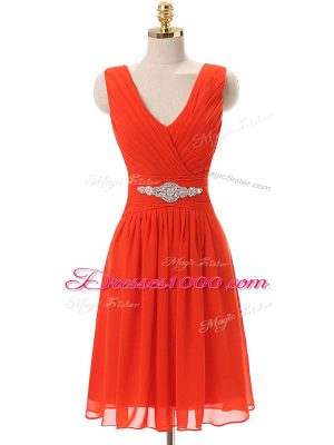 Sleeveless Knee Length Beading and Ruching Zipper Prom Dresses with Red