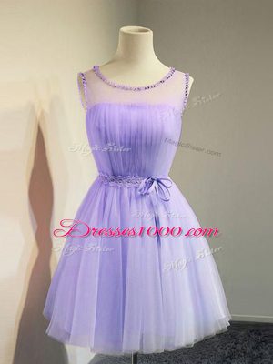 Luxury Belt Quinceanera Court Dresses Lavender Lace Up Sleeveless Knee Length