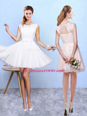 Knee Length White Bridesmaid Dress Scoop Sleeveless Lace Up