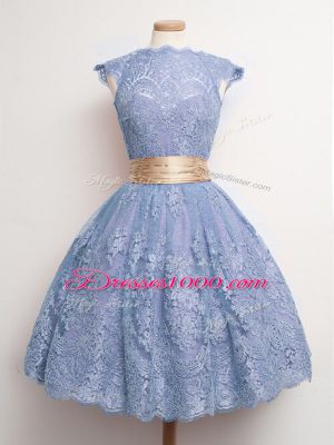 Cap Sleeves Belt Lace Up Wedding Party Dress