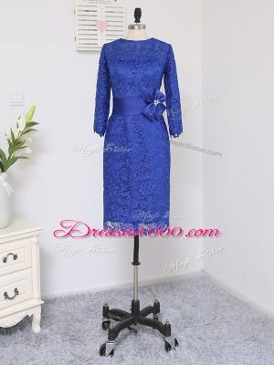 Stylish Royal Blue Mother of Groom Dress Prom and Party and Military Ball with Lace and Appliques and Belt Scoop Long Sleeves Zipper