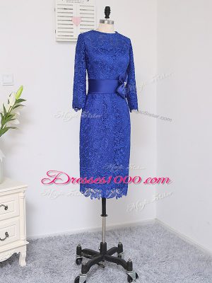 Stylish Royal Blue Mother of Groom Dress Prom and Party and Military Ball with Lace and Appliques and Belt Scoop Long Sleeves Zipper