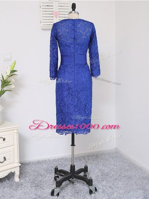 Stylish Royal Blue Mother of Groom Dress Prom and Party and Military Ball with Lace and Appliques and Belt Scoop Long Sleeves Zipper