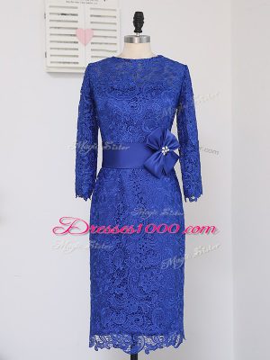 Stylish Royal Blue Mother of Groom Dress Prom and Party and Military Ball with Lace and Appliques and Belt Scoop Long Sleeves Zipper