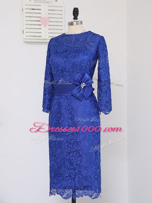 Stylish Royal Blue Mother of Groom Dress Prom and Party and Military Ball with Lace and Appliques and Belt Scoop Long Sleeves Zipper