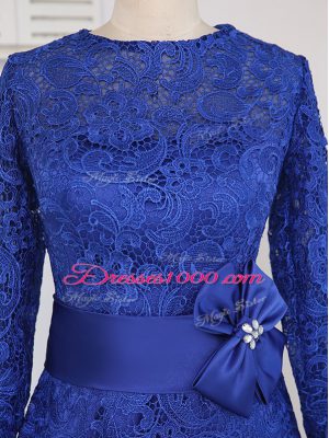 Stylish Royal Blue Mother of Groom Dress Prom and Party and Military Ball with Lace and Appliques and Belt Scoop Long Sleeves Zipper