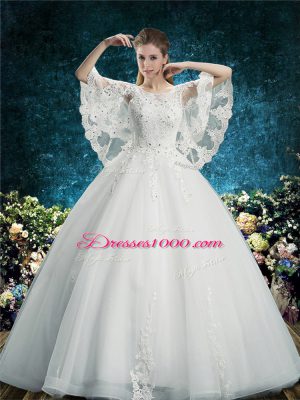 Comfortable White Half Sleeves Lace Floor Length Bridal Gown