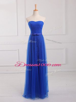 Simple Floor Length Royal Blue Bridesmaid Gown Tulle and Lace Sleeveless Belt