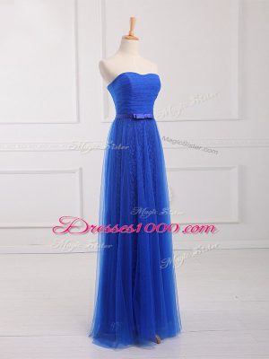 Simple Floor Length Royal Blue Bridesmaid Gown Tulle and Lace Sleeveless Belt