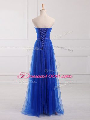 Simple Floor Length Royal Blue Bridesmaid Gown Tulle and Lace Sleeveless Belt