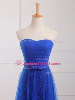 Simple Floor Length Royal Blue Bridesmaid Gown Tulle and Lace Sleeveless Belt