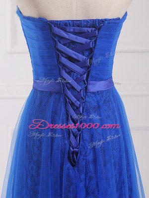 Simple Floor Length Royal Blue Bridesmaid Gown Tulle and Lace Sleeveless Belt