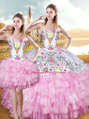 Cute Rose Pink Sleeveless Organza and Taffeta Lace Up Ball Gown Prom Dress for Military Ball and Sweet 16 and Quinceanera